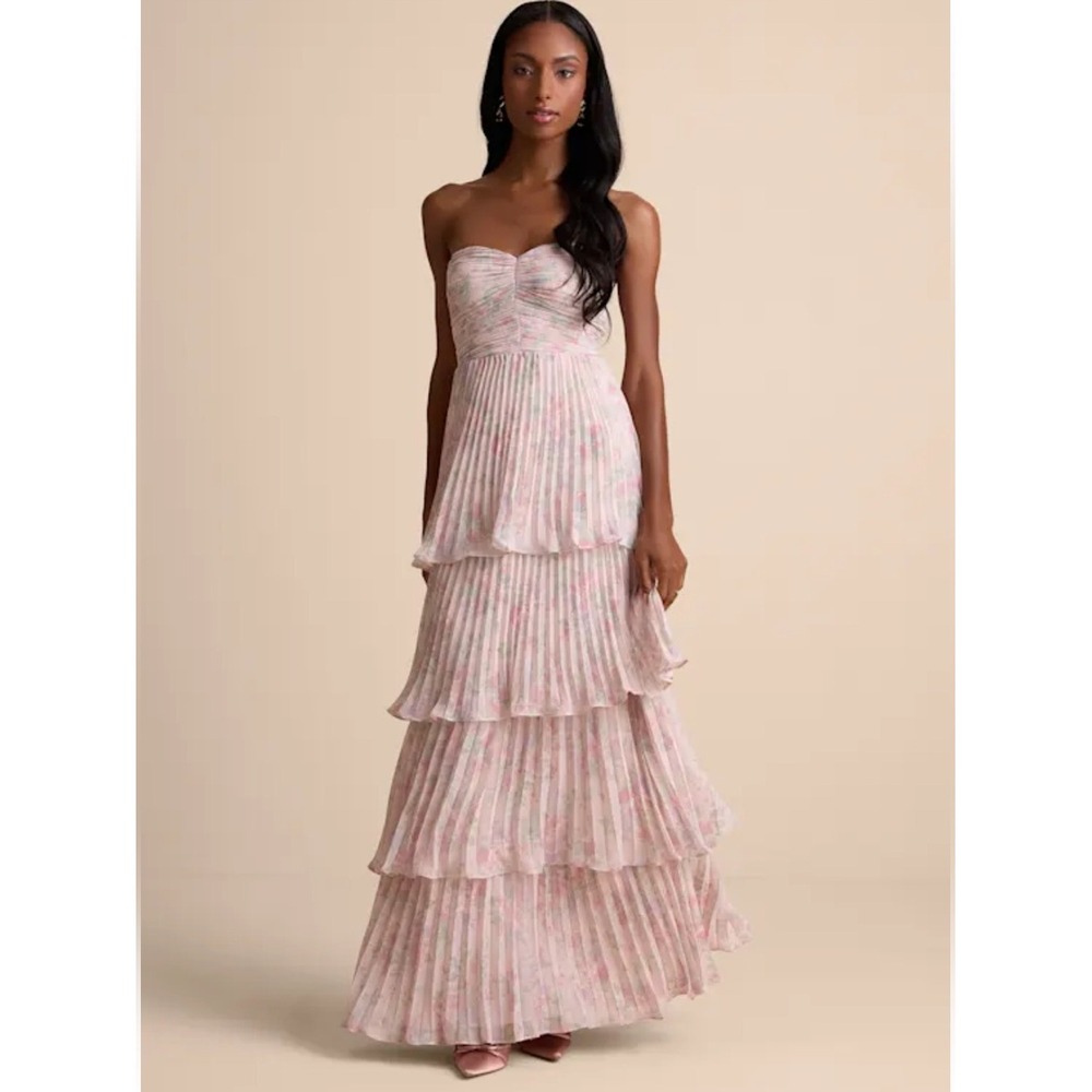 Lulus Seriously Sensational Blush Pink Floral Tiered Strapless Maxi Dress L NWT
